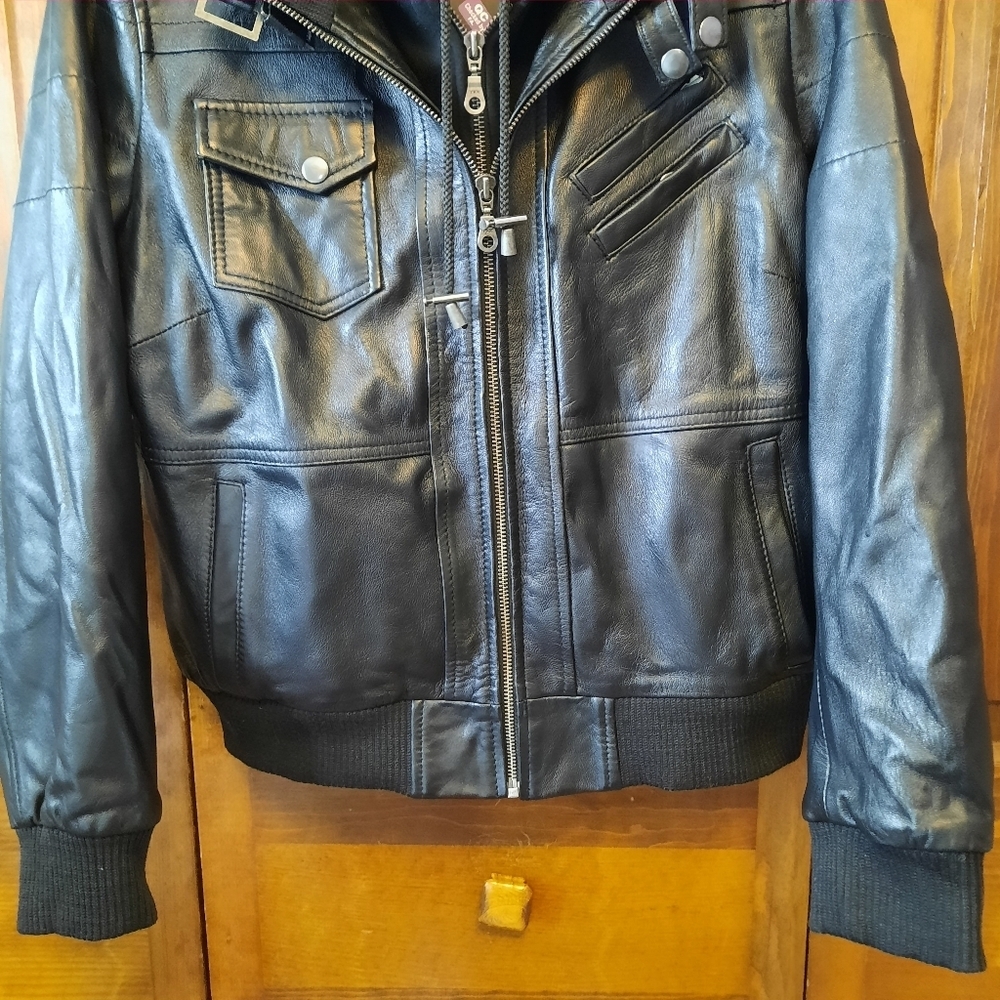 🛍 NWT Decrum Detachable Hooded Real Lambskin Leather Bomber Jacket Size XLP - Picture 4 of 15